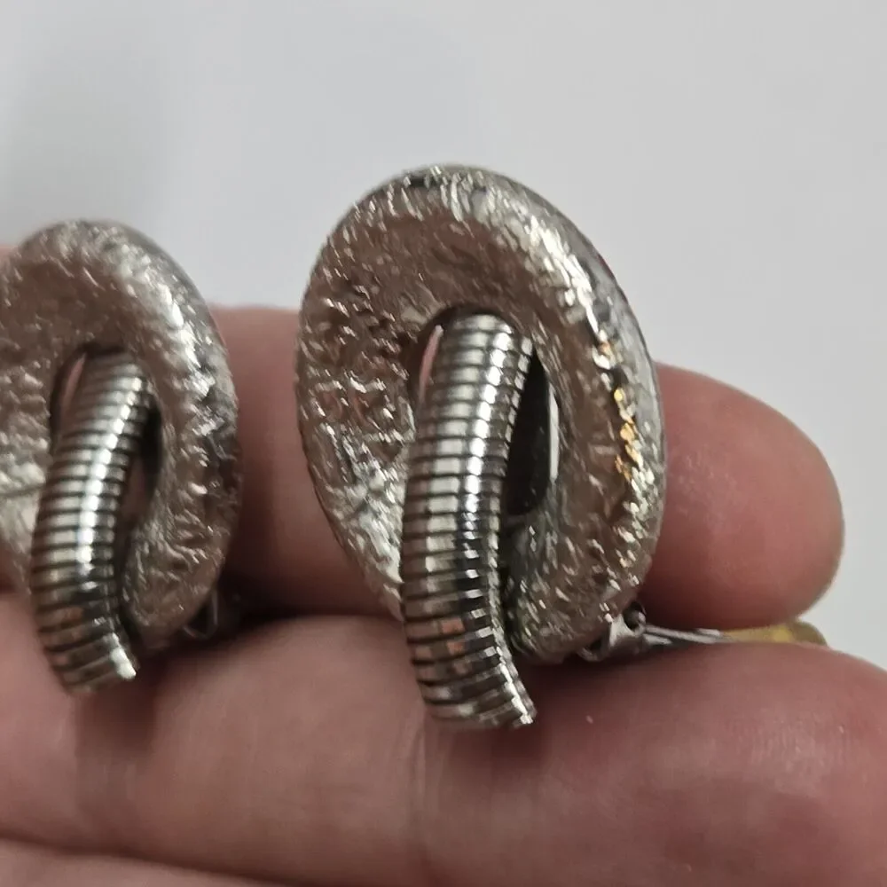 Vintage HOBE Signed Brushed Silver Tone Clip on Earrings MCM Modernist Geometric